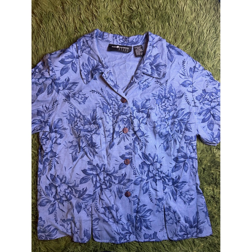 Sag Harbor Blouse Women 16W Blue Floral Button Down Short Sleeve Padded Shoulder
